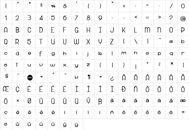snow riders xs Regular  glyph index
