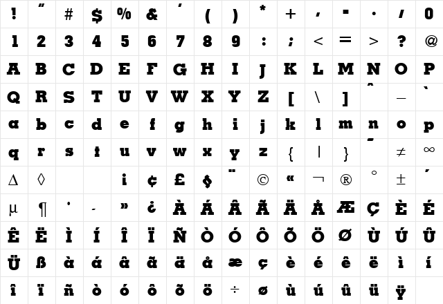 MesaHeavy Regular  glyph index
