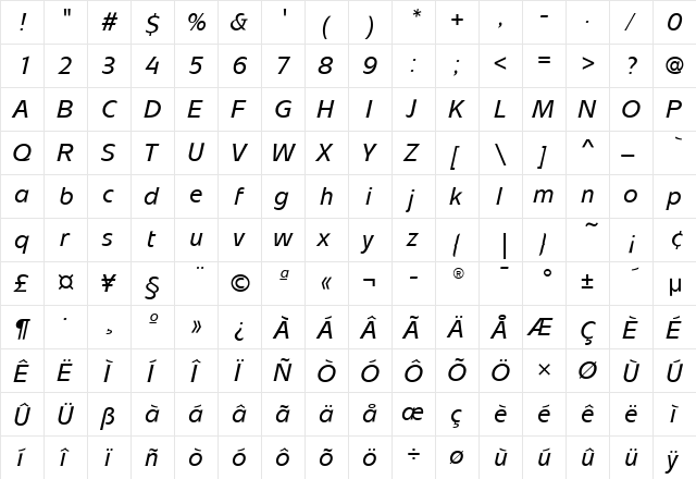MixageMdITC Italic  glyph index
