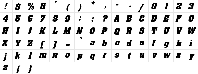 EricaBoldExpd Italic  glyph index