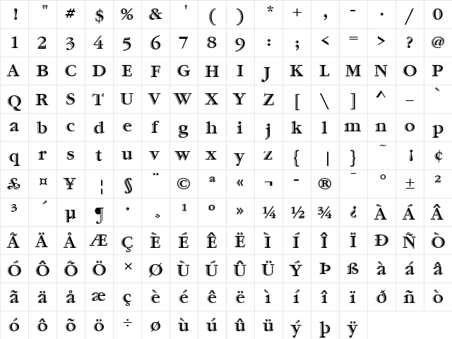 Garamond Handtooled ITC Regular  glyph index