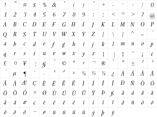 Ellington MT Light Italic  glyph index