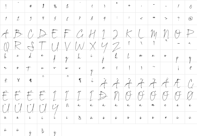 Tabina Regular  glyph index
