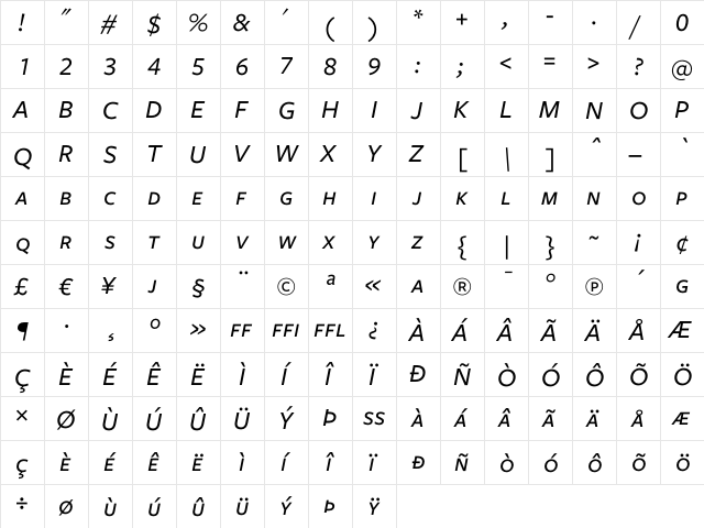 Freight Sans Medium Italic SC  glyph index