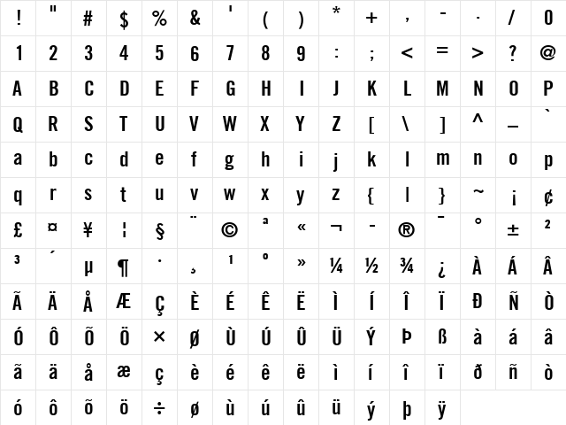 TradeGothic LT BdCondTwenty Regular  glyph index