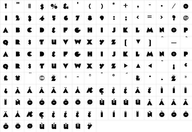 MinkGothic Regular  glyph index