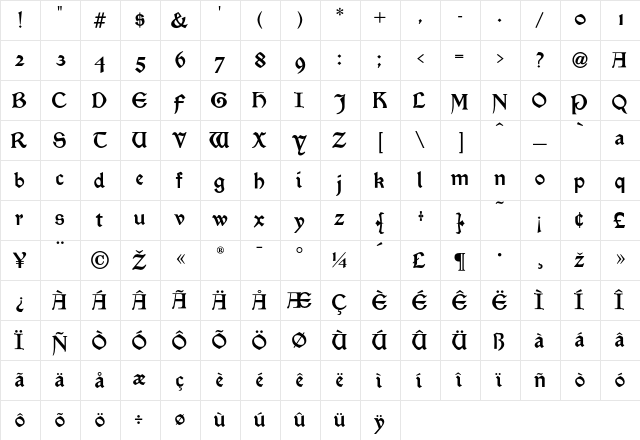 MorrisBlack Regular  glyph index