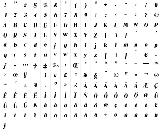 Denver-ExtraBoldIta Regular  glyph index