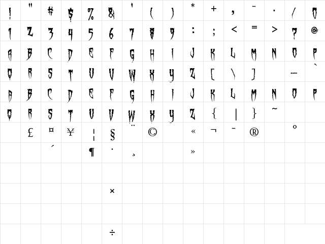 Spiderfingers Regular  glyph index