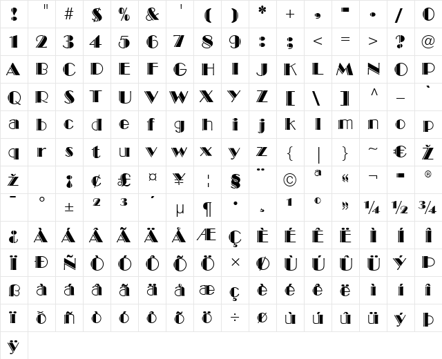 BroadwayEngraved LT Regular  glyph index