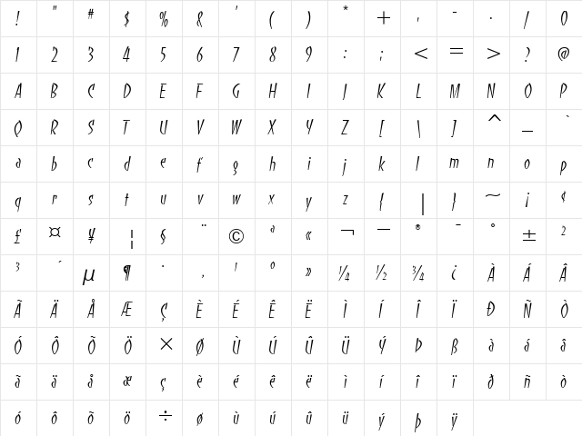 Banco ITC Regular  glyph index