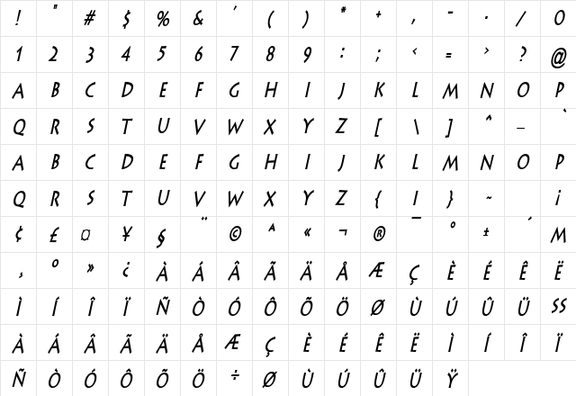Liste Thin Bold Italic  glyph index