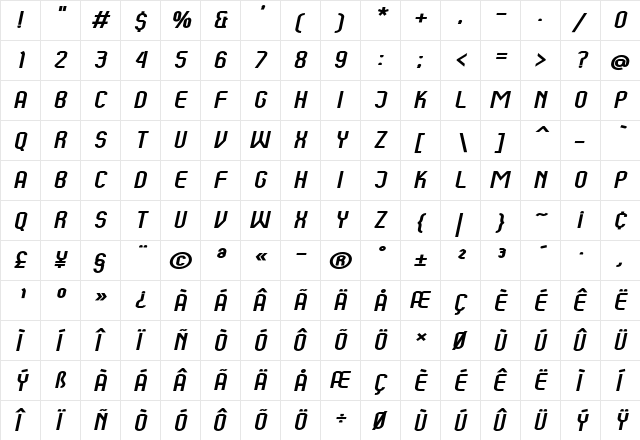 Kumba Expanded Italic  glyph index
