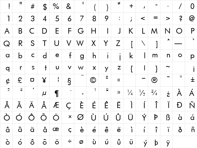 Docu Regular  glyph index