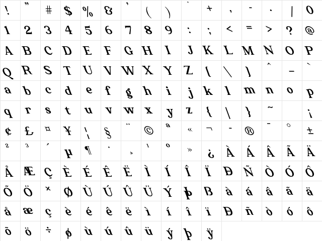 The Texterius Oblique Regular  glyph index