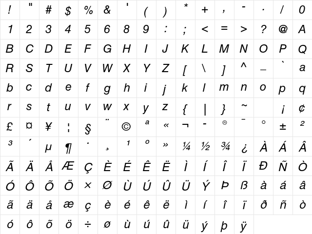 Helvetica LT Std Oblique  glyph index