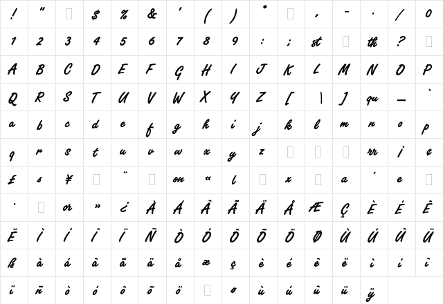 Freestyle Script Bold Plain  glyph index
