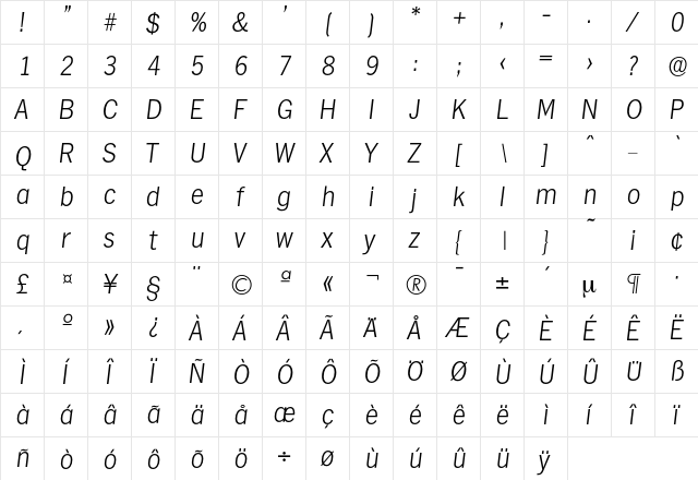 Hamburg-XlightIta Regular  glyph index