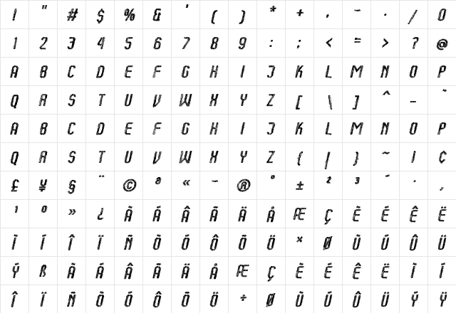 Kumba Sketch Italic  glyph index