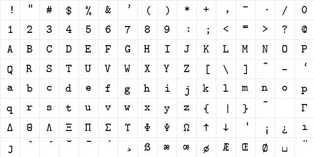 cmtt10 Regular  glyph index