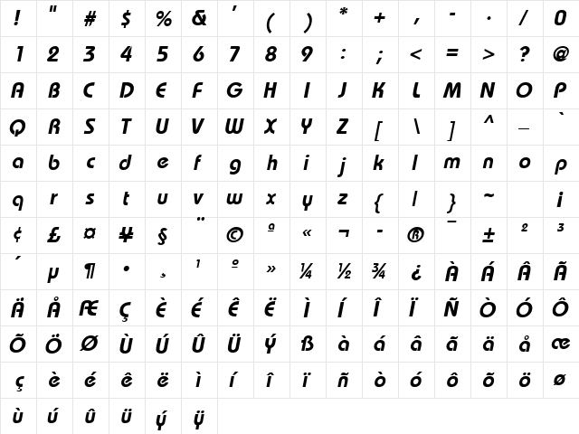 MumboSSK BoldItalic  glyph index