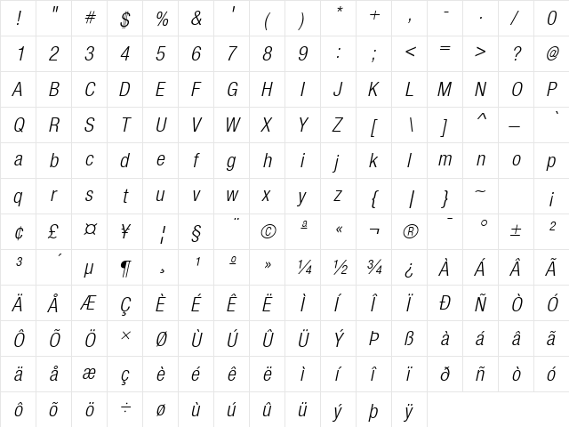 Sans Light Cond. ITALIC  glyph index