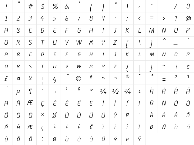 Alega-LightSmallCapsItalic Regular  glyph index