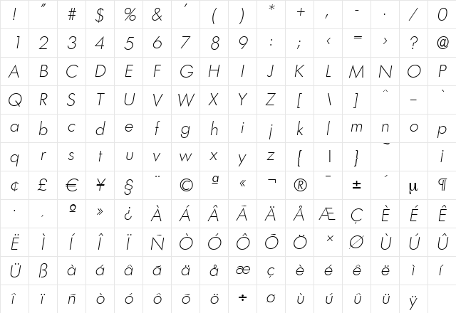 LimerickSerial-Xlight Italic  glyph index