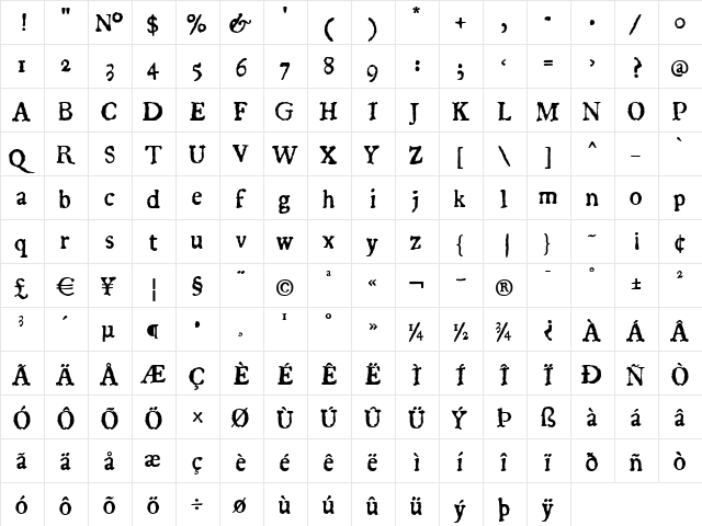 1722Roman Regular  glyph index