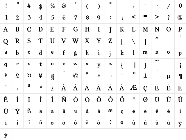 ArtcraftURWTBol Regular  glyph index