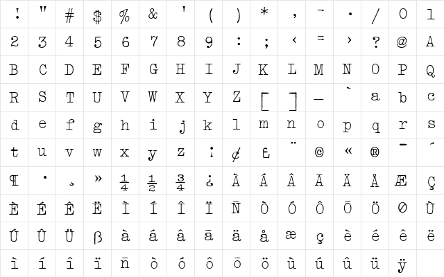 VTypewriter Regular  glyph index