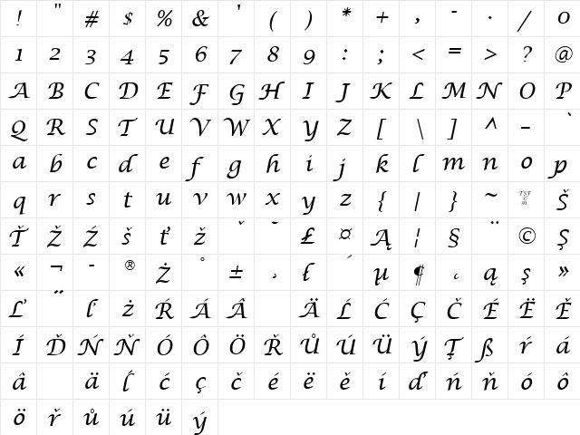 Cally CE Regular  glyph index