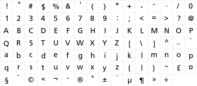 FreeSetC Regular  glyph index
