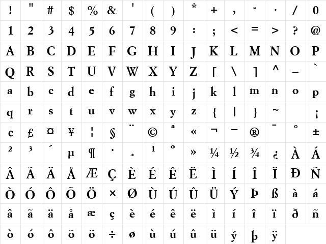 FlorentineGaramondSSK Bold  glyph index