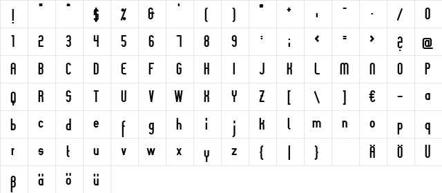 Slimania Bold  glyph index