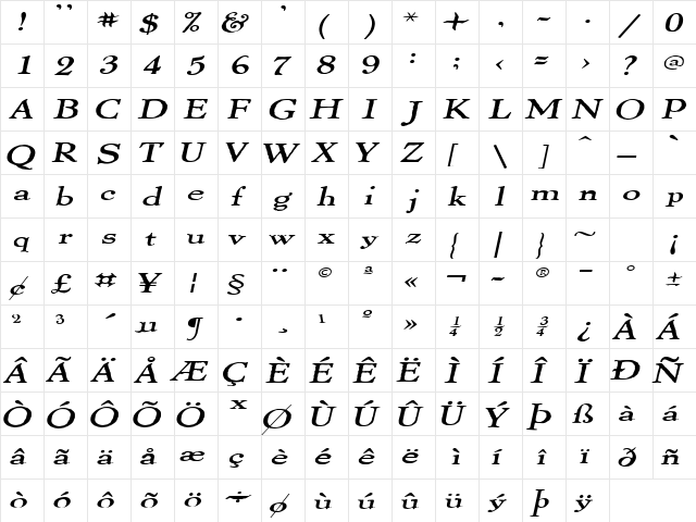 ThomasPaineExtended Italic  glyph index