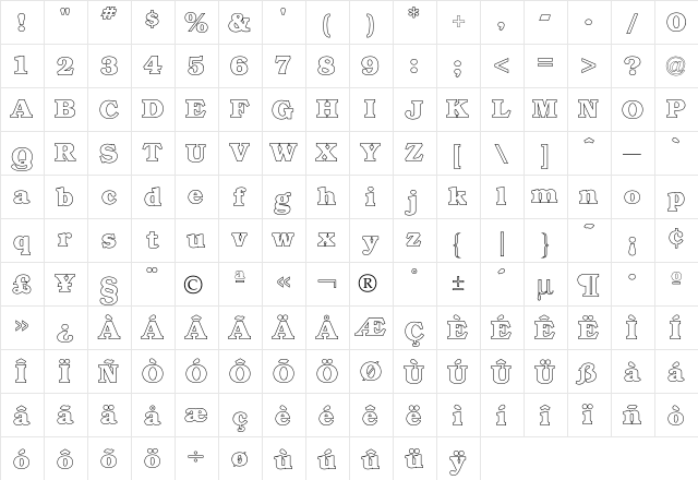 Bookman Outline  glyph index