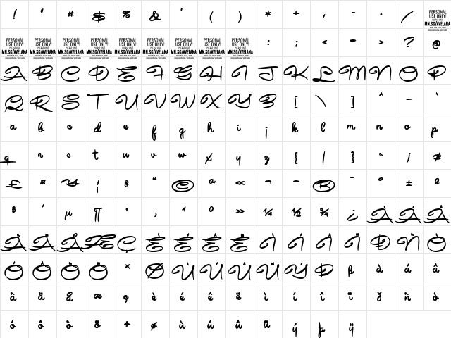Avelana Bold PERSONAL USE Regular  glyph index