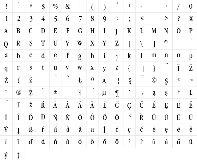 GaramondItcTEECon Regular  glyph index