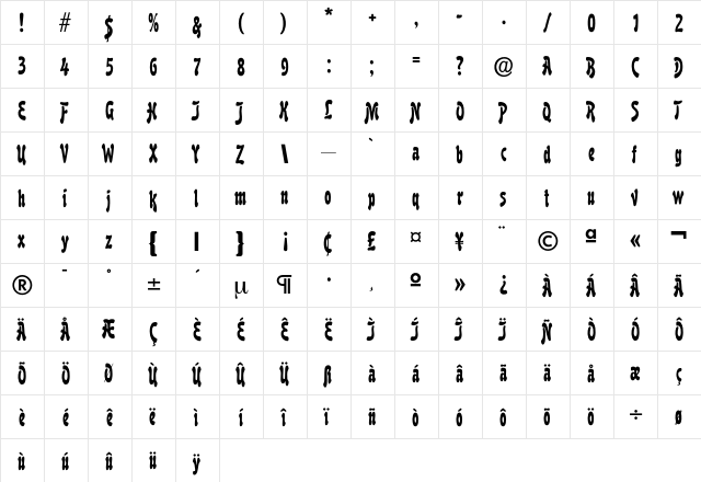 Boutique Regular  glyph index