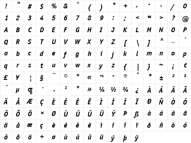 ITCOfficinaSans LT Book Bold Italic  glyph index