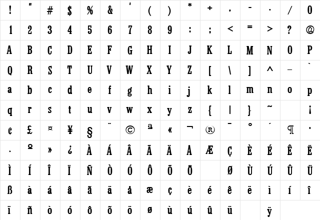 Colonel Bold  glyph index