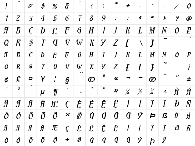 NouveauExtended Bold Italic  glyph index