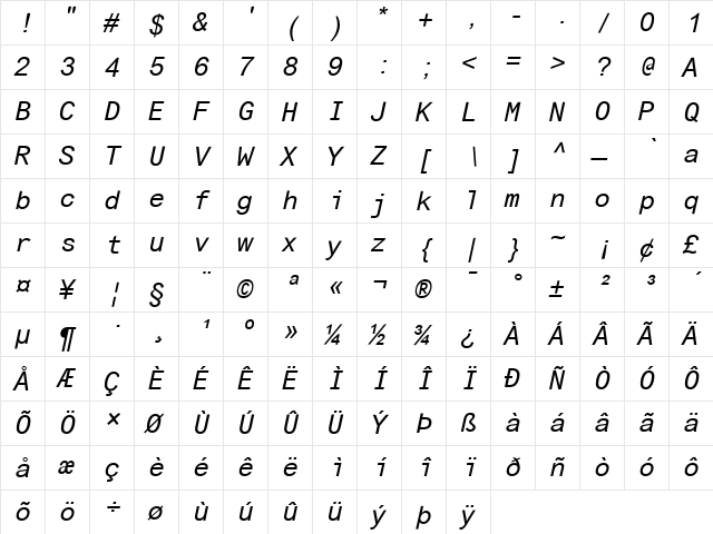 Arial Monospaced MT Italic  glyph index