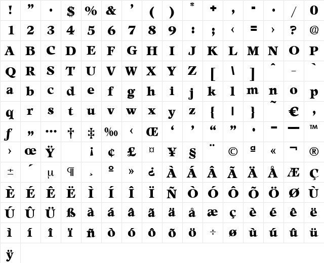 Leamington-Black Regular  glyph index