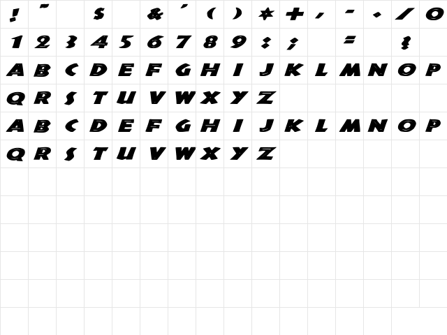 Tribeca Wd BI Bold Italic  glyph index