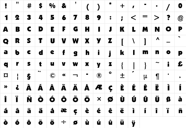 Kabel ITC BQ Regular  glyph index