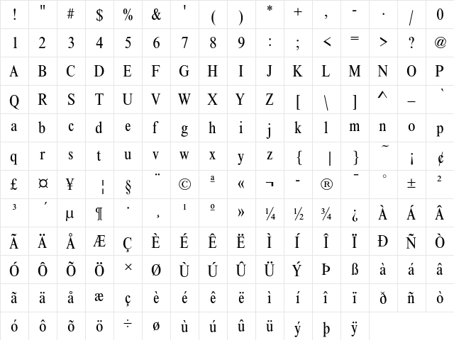 Nimbus Roman No9 Cond L Regular  glyph index