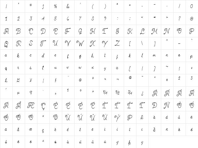 Kind Handwriting Regular  glyph index