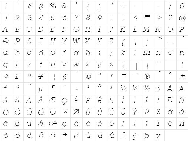 ITCLubalinGraph-ExtraLtObl Extra LightItalic  glyph index
